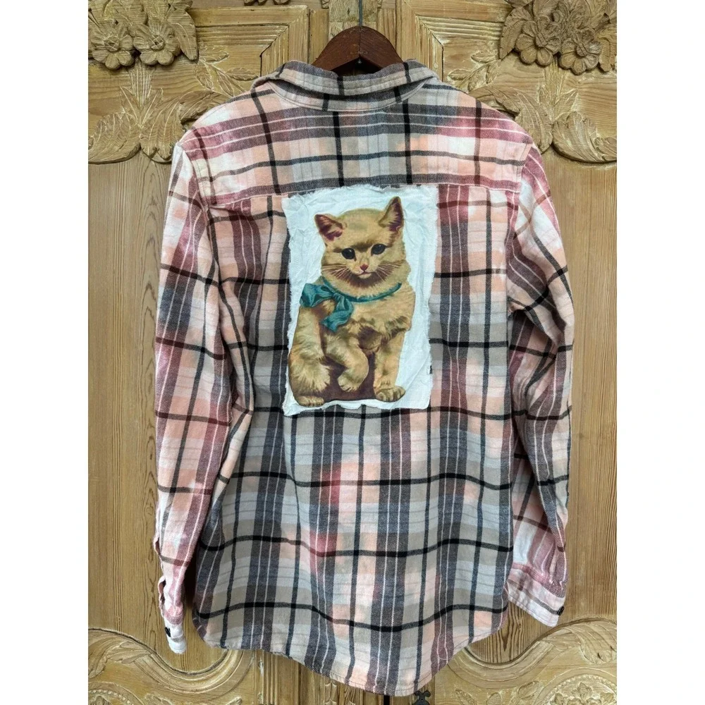 Upcycled Cat Patch Flannel Shirt Medium PacSun Cottagecore Folk Art - Picture 6 of 7